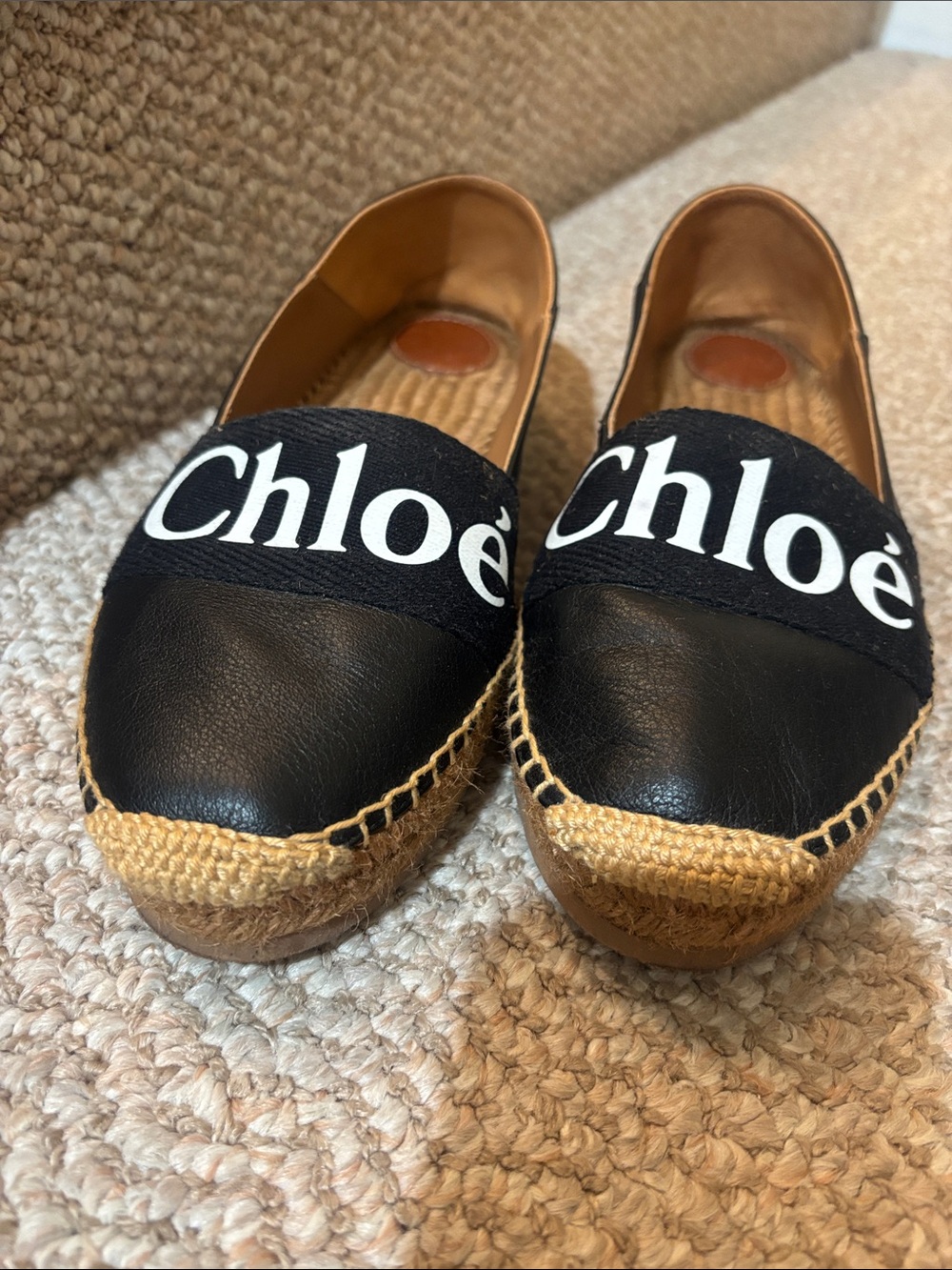 Chloé Black Leather & Tan Espadrille Flats with Logo Band